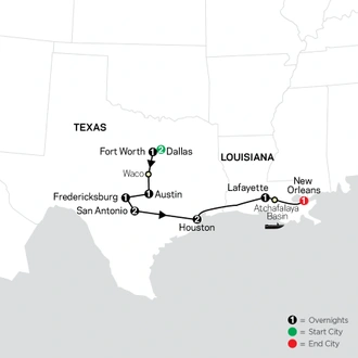 tourhub | Cosmos | The Lone Star State to the French Quarter | Tour Map
