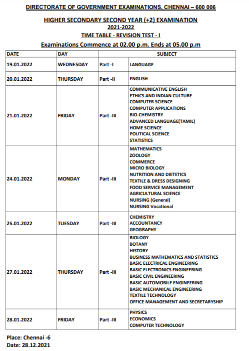 TN 10th Revision Test Time Table