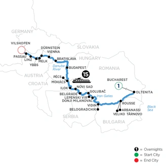 tourhub | Avalon Waterways | The Danube from Romania to Germany with 1 Night in Bucharest (Expression) | Tour Map