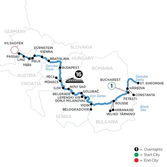tourhub | Avalon Waterways | The Danube from Romania to Germany with 1 Night in Bucharest (Envision) | Tour Map