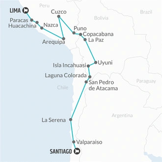 tourhub | Bamba Travel | Santiago to Lima (via Uyuni) Express Travel Pass | Tour Map