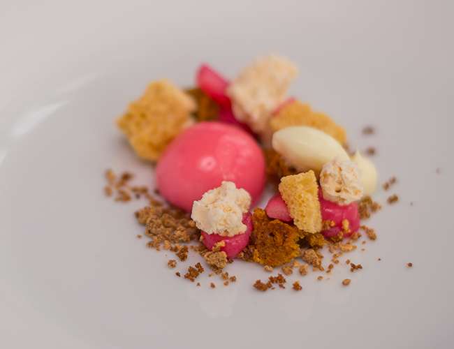 Yorkshire rhubarb, ginger, Tahitian vanilla, burnt white chocolate by Michael Wignall at Gidleigh Park
