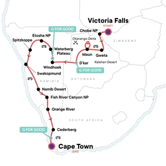 tourhub | G Adventures | Victoria Falls to Cape Town Overland Safari | Tour Map