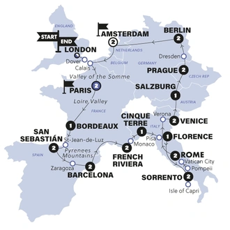 tourhub | Contiki | European Quest  | Start Paris | Summer | 2024 | Tour Map