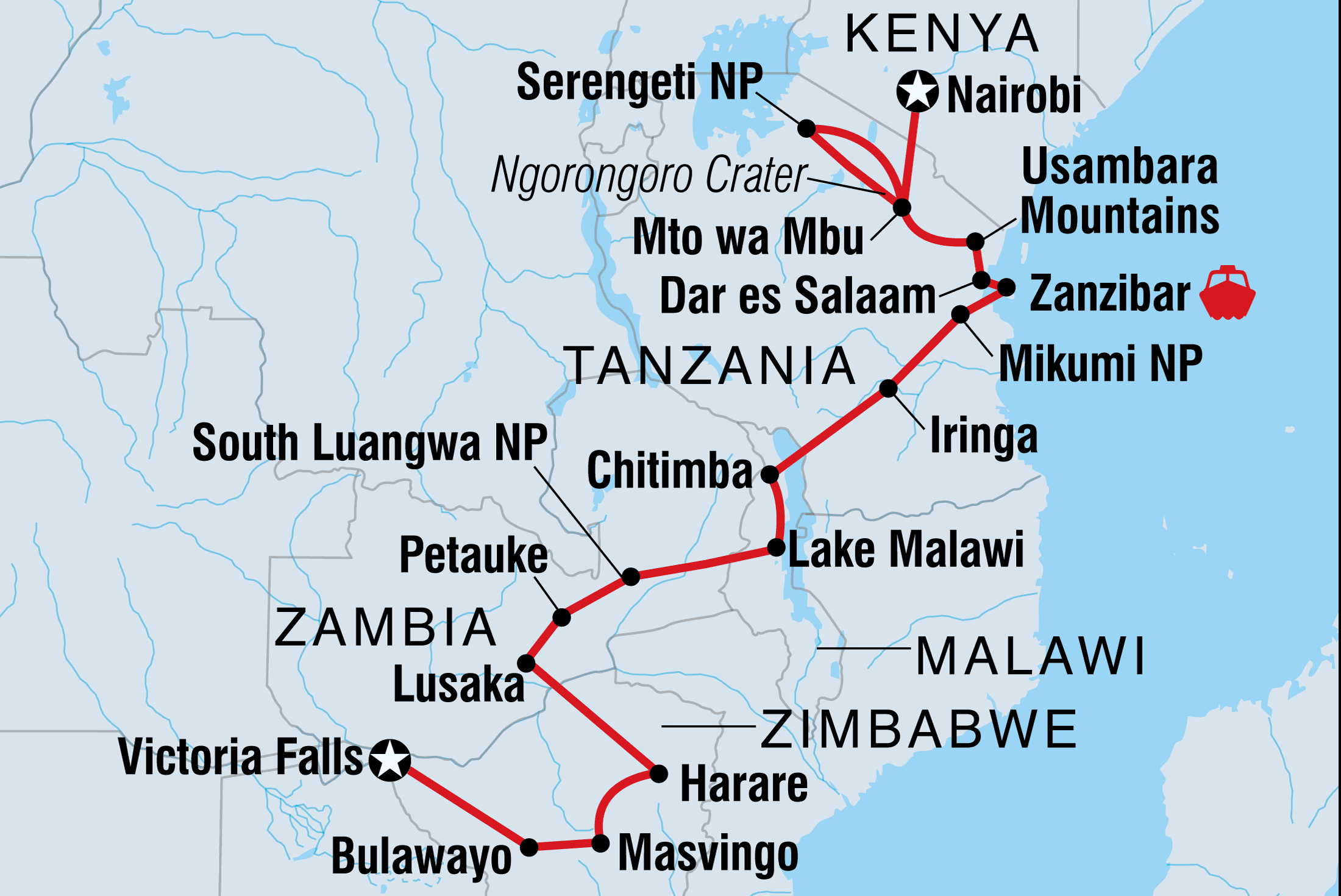 tourhub | Intrepid Travel | Kenya to Vic Falls | Tour Map