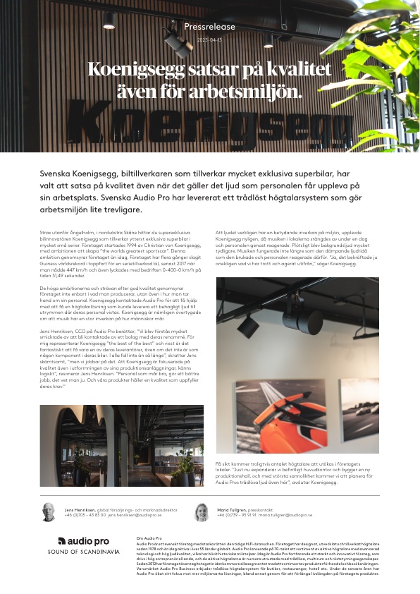 Pressrelease, Svensk, Audio Pro Business - Koenigsegg