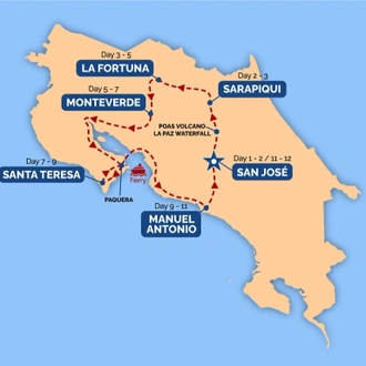 tourhub | One Life Adventures | Costa Rica Classic 12 Day Tour | Tour Map