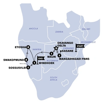 tourhub | Contiki | Okavango Delta & Deserts | 2026 | Tour Map