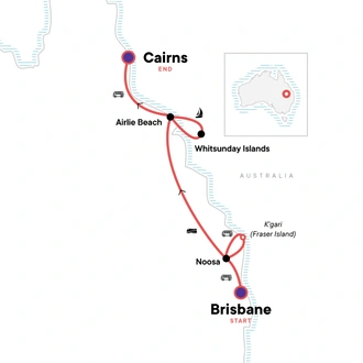 tourhub | G Adventures | Brisbane to Cairns Experience: Sand Dunes & the Whitsundays | Tour Map
