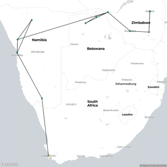 tourhub | Oasis Overland | Harare To Cape Town (34 Days) Deltas & Dunes | Tour Map