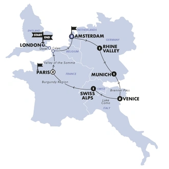 tourhub | Contiki | European Horizon (From 2025) | Start London | Age 27-35 | Tour Map