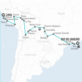 tourhub | Bamba Travel | Rio de Janeiro to Lima (via Pantanal) Travel Pass | Tour Map