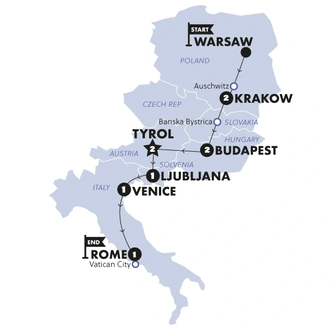 tourhub | Contiki | Warsaw to Rome Vistas | Winter | 2024/2025 | Tour Map