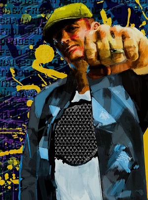 C.N. Rowan, a white man holding his fist out with a colourful graphic background