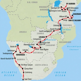 tourhub | On The Go Tours | The Big Overlander Northbound - 41 days  | Tour Map