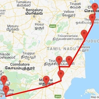 tourhub | Agora Voyages | Chennai to Cochin Temple, Beach & Backwater Overland Tour | Tour Map