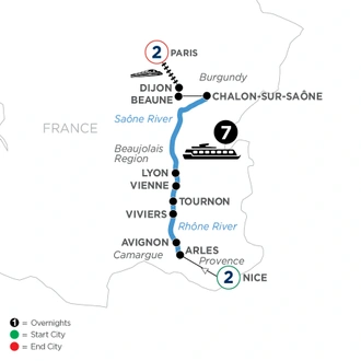 tourhub | Avalon Waterways | Burgundy & Provence with 2 Nights in Nice  & 2 Nights in Paris (Northbound) (Poetry II) | Tour Map