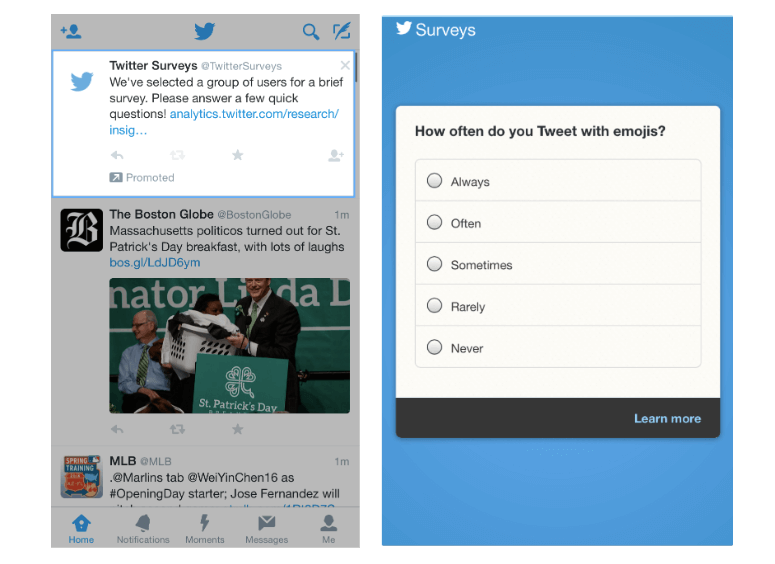 Twitter in-app survey example