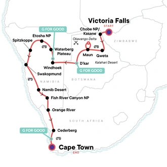 tourhub | G Adventures | Victoria Falls to Cape Town Overland Safari | Tour Map