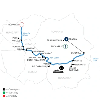 tourhub | Avalon Waterways | The Danube from Romania to Budapest with 1 Night in Bucharest and 2 Nights in Transylvania (Passion) | Tour Map