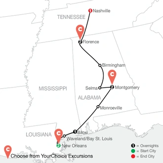 tourhub | Globus | The Rhythm of Reflection: The Southern U.S. By Design | Tour Map