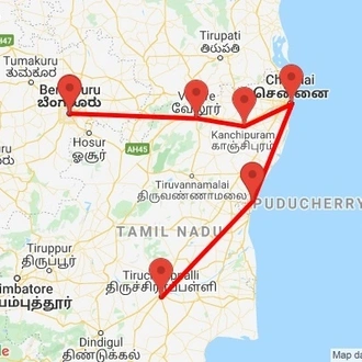 tourhub | Agora Voyages | Bangalore to Trichy South India Temple Tour | Tour Map