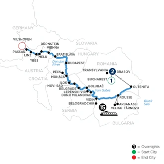 tourhub | Avalon Waterways | The Danube from Romania to Germany with 1 Night in Bucharest and 2 Nights in Transylvania (Passion) | Tour Map