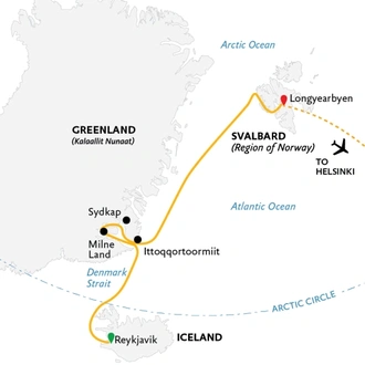 tourhub | Quark Expeditions | Three Arctic Islands: Iceland, Greenland, Spitsbergen | Tour Map
