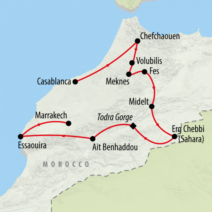 tourhub | On The Go Tours | Camels, Souks & Kasbahs from Casa - 14 days | Tour Map