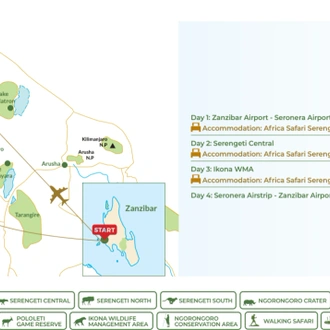 tourhub | Beach and Safari Holidays | From Zanzibar: 4-Day Serengeti game drive, night drive, safari | Tour Map