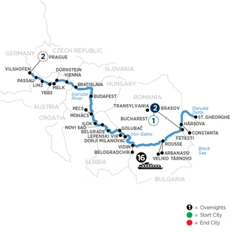 tourhub | Avalon Waterways | The Danube from Romania to Germany with 1 Night in Bucharest, 2 Nights in Transylvania & 2 Nights in Prague (Passion) | Tour Map