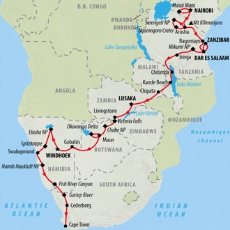 tourhub | On The Go Tours | The Big Overlander (Accommodated) - 43 days | Tour Map