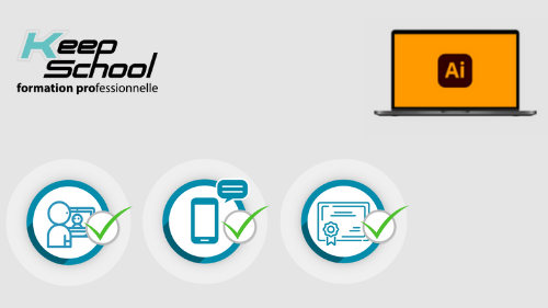 Représentation de la formation : Illustrator débutant préparation TOSA : 100% cours particuliers en visio (40h) + e-learning