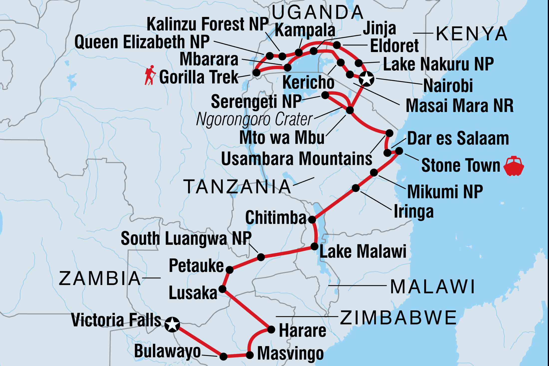 tourhub | Intrepid Travel | Gorillas to Vic Falls | Tour Map