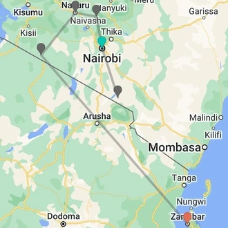 tourhub | Africa Safari Bookings Advisory Center | 10 DAYS KENYA SAFARI AND FLY TO ZANZIBAR BEACH TOUR | Tour Map
