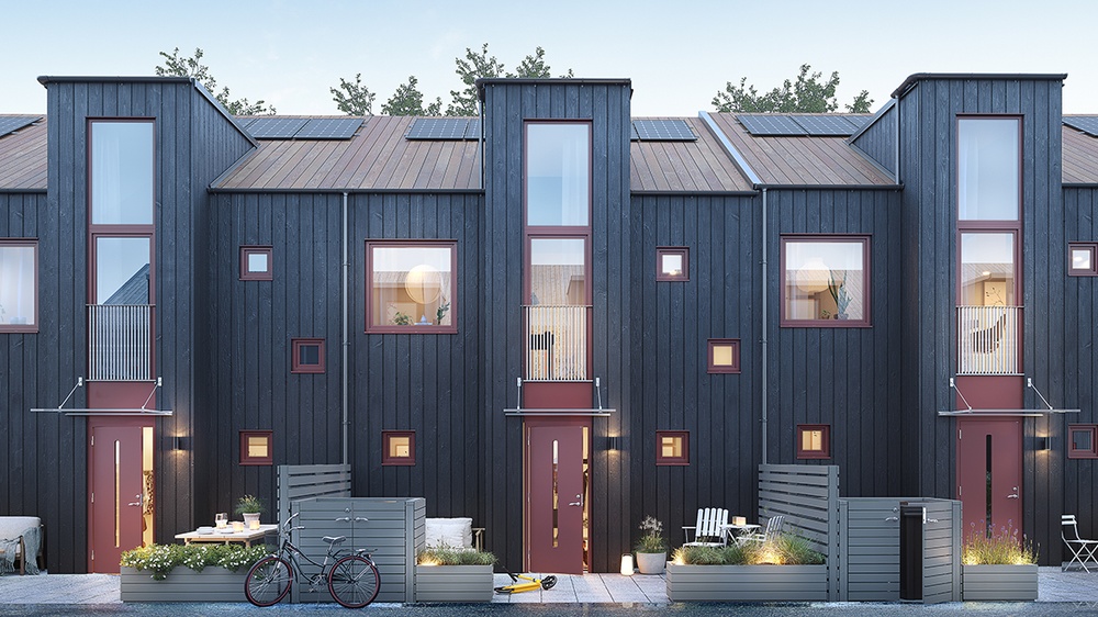 Med Parkstråket är ambitionen för Derome att bygga med så låg klimatpåverkan som möjligt. Radhusen är ritade av White och byggs i Sege Park, Malmö. 
