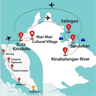 tourhub | Travel Talk Tours | Treasures Of Singapore & Borneo, Malaysia | Tour Map