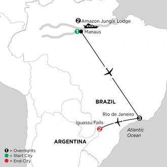 tourhub | Globus | Independent Rio de Janeiro and Iguassu Falls with Brazil's Amazon | Tour Map