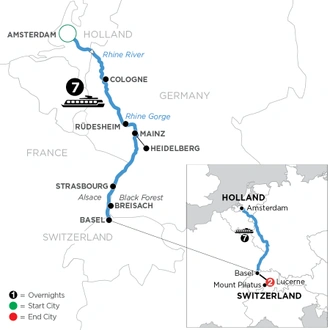 tourhub | Avalon Waterways | Romantic Rhine with 2 Nights in Lucerne (Southbound) (Tranquility II) | Tour Map