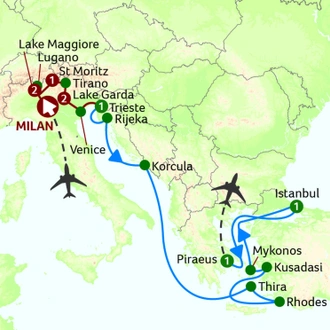 tourhub | Saga Holidays | Italian Lakes and Bernina Express Tour with a Mediterranean Cruise | Tour Map