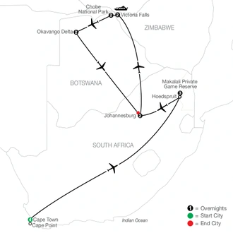 tourhub | Globus | Splendors of South Africa & Victoria Falls with Botswana | Tour Map