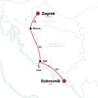tourhub | G Adventures | Zagreb to Dubrovnik: Parties & Plitvice Lakes | Tour Map