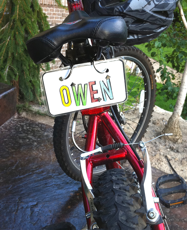 bike with "owen" homemade license plate