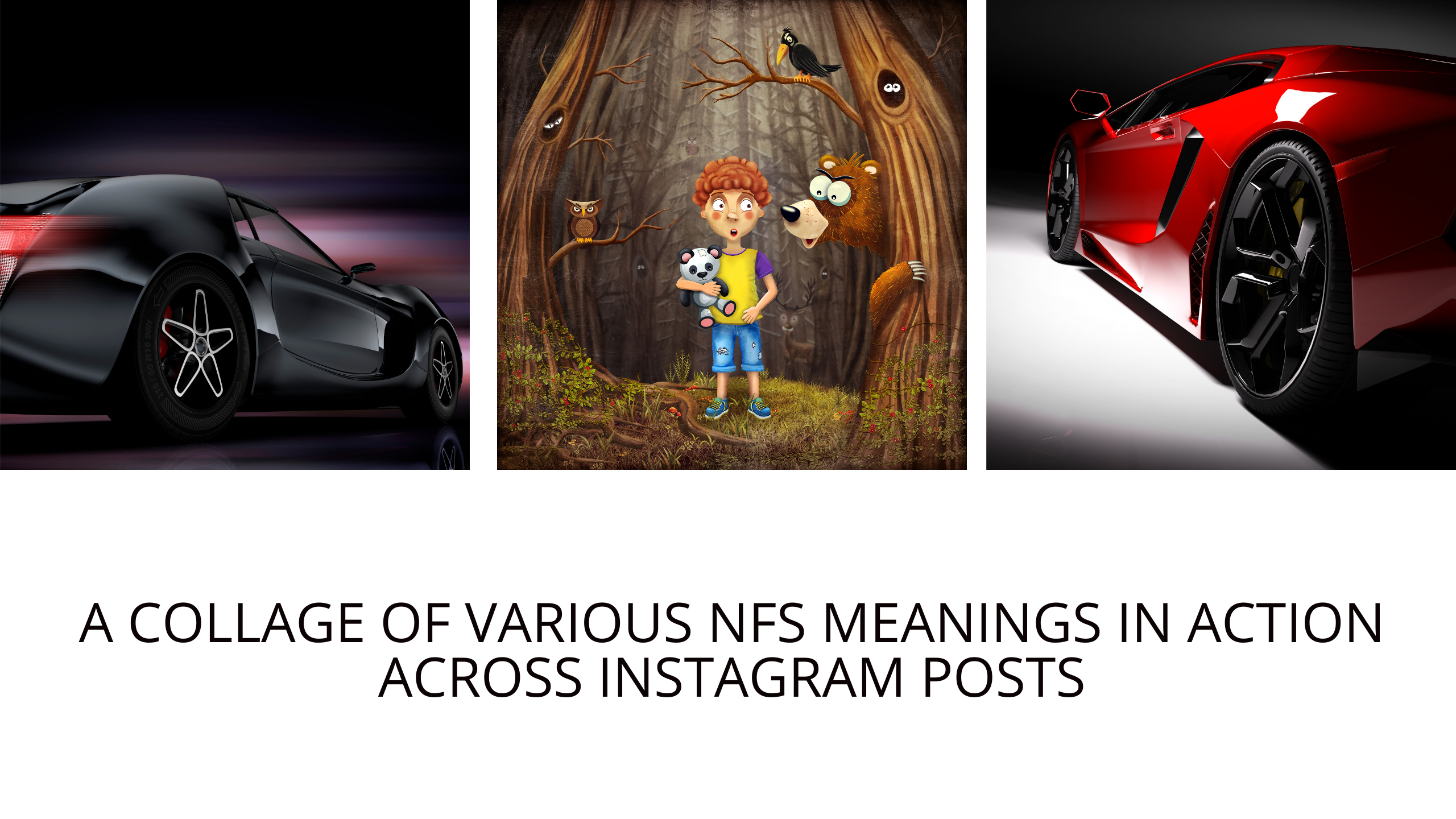 A collage of various NFS meanings in action across Instagram posts.
