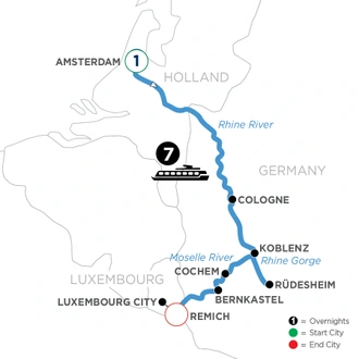 tourhub | Avalon Waterways | The Rhine & Moselle: Canals, Vineyards & Castles with 1 Night in Amsterdam (Tranquility II) | Tour Map