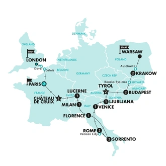 tourhub | Contiki | Warsaw to London Vistas | Summer | 2024 | Tour Map