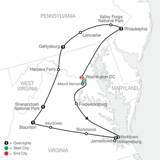 tourhub | Globus | America's Historic East with Extended Stay in Washington DC | Tour Map