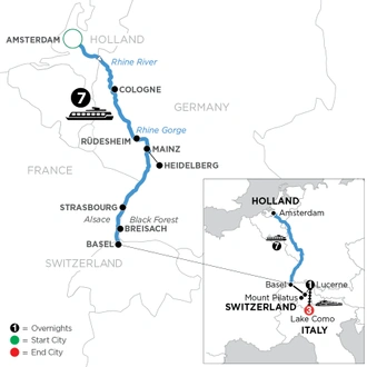 tourhub | Avalon Waterways | Romantic Rhine with Mount Pilatus, 1 Night in Lucerne & 3 Nights in Lake Como (Southbound) (Vista) | Tour Map