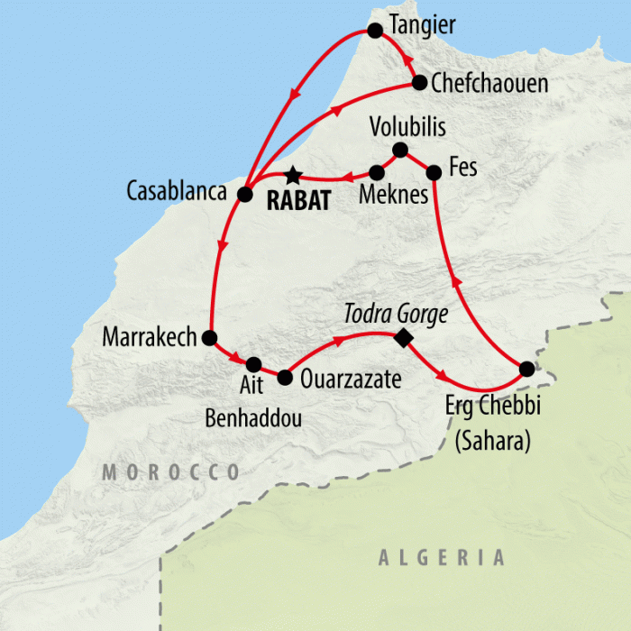 tourhub | On The Go Tours | Road to Casablanca with Chefchaouen - 11 days | Tour Map