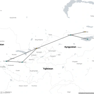 tourhub | Silk Road Trips | Tour along 3-stans of Central Asia 12 Days: Kazakhstan, Kyrgyzstan, and Uzbekistan | Tour Map